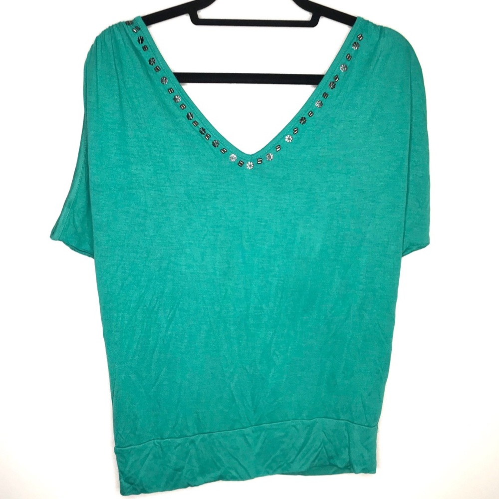 AMERICAN RAG Green V-Neck Short Sleeve Blouse Sz S
